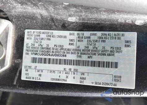 2018 Ford Escape Se z USA, uszkodzony, nr VIN 1FMCU0GD9JUD03388